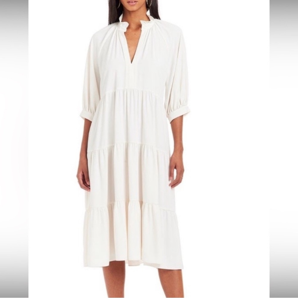 Amanda Uprichard White Tiered Midi Dress | Puff Sleeve V-Neck | Size M LIKE NEW